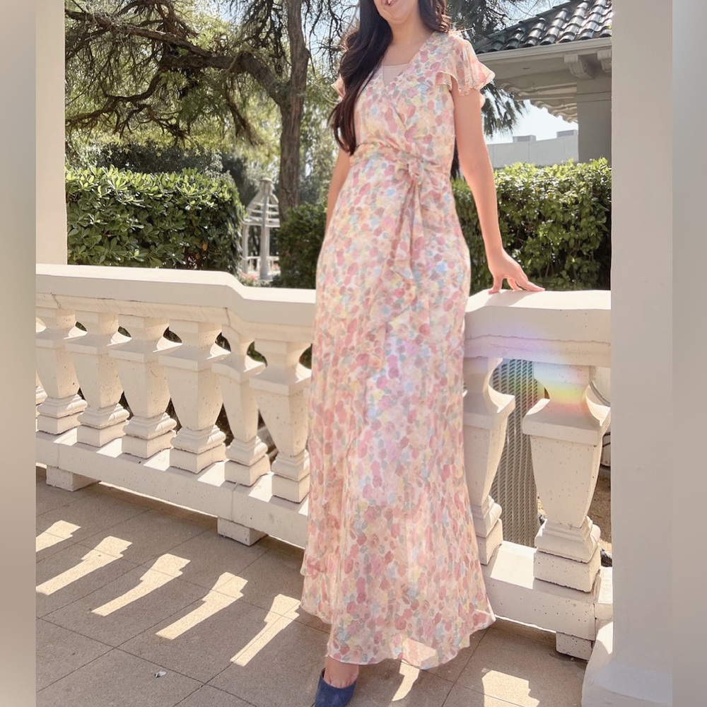 Short sleeve ruffled colored maxi dress,Elastic waist with abelt/Semi long fondo